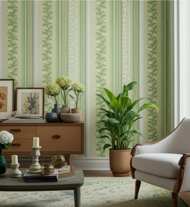 Hydrangea Drape Green by Schumacher Hobe Erwin Floral Stripe Wallpaper – Schumacher 5004456