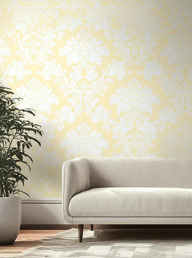 Tierni Damask Buttercup by Schumacher Classic Yellow Damask Wallpaper – Schumacher 5004461