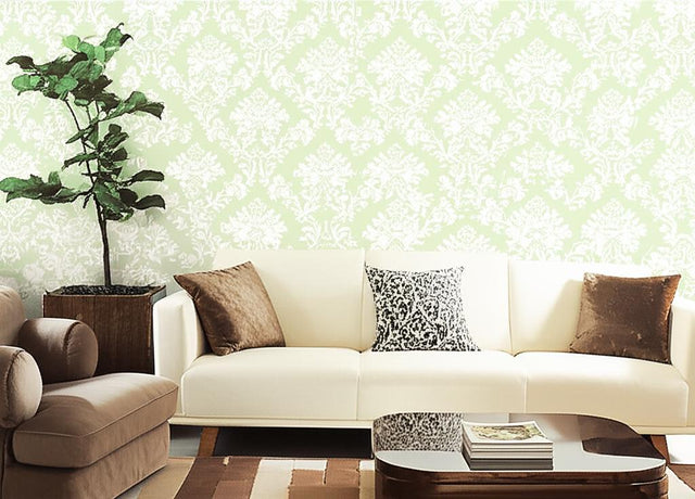 Tierni Damask Celery by Schumacher Greenhouse Collection Damask Wallpaper – Schumacher 5004462