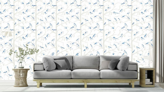 A-TWITTER Blues by Schumacher Whimsical Blue Bird Wallpaper – Schumacher 5005034