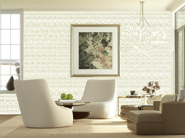Manor Gate Sand by Schumacher Modern Nature Collection Geometric Scroll Wallpaper – Schumacher 5005052