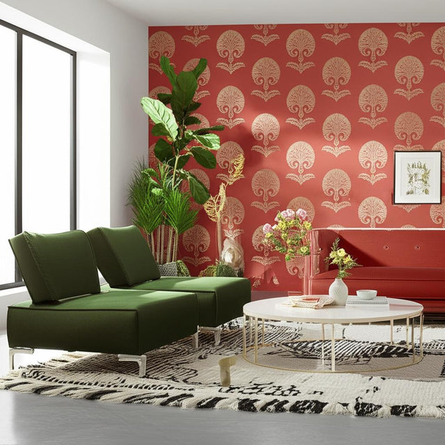 Ottoman Flower Paprika by Schumacher Modern Nature Damask Wallpaper – 5005083