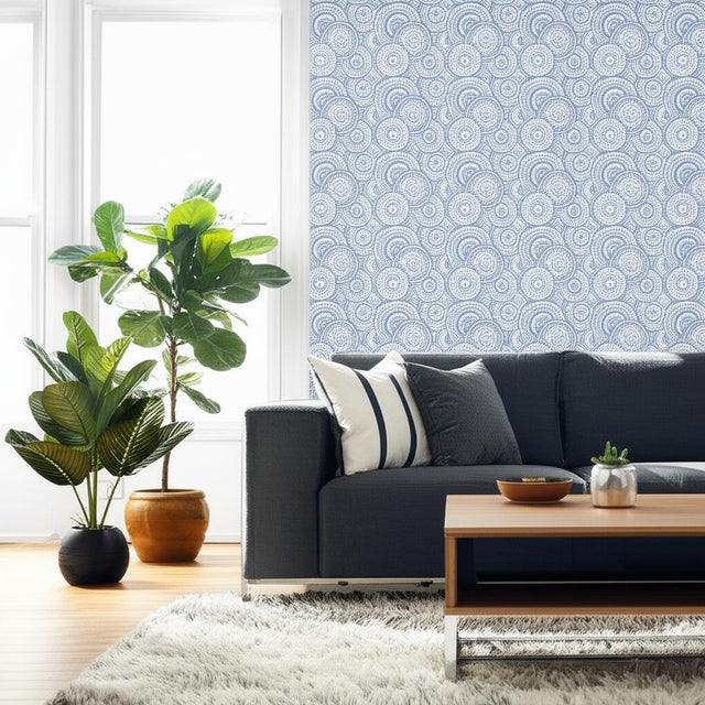 SADARI Delft by Schumacher Hand Screen Block-Printed Circles Blue Wallpaper – Schumacher 5005241