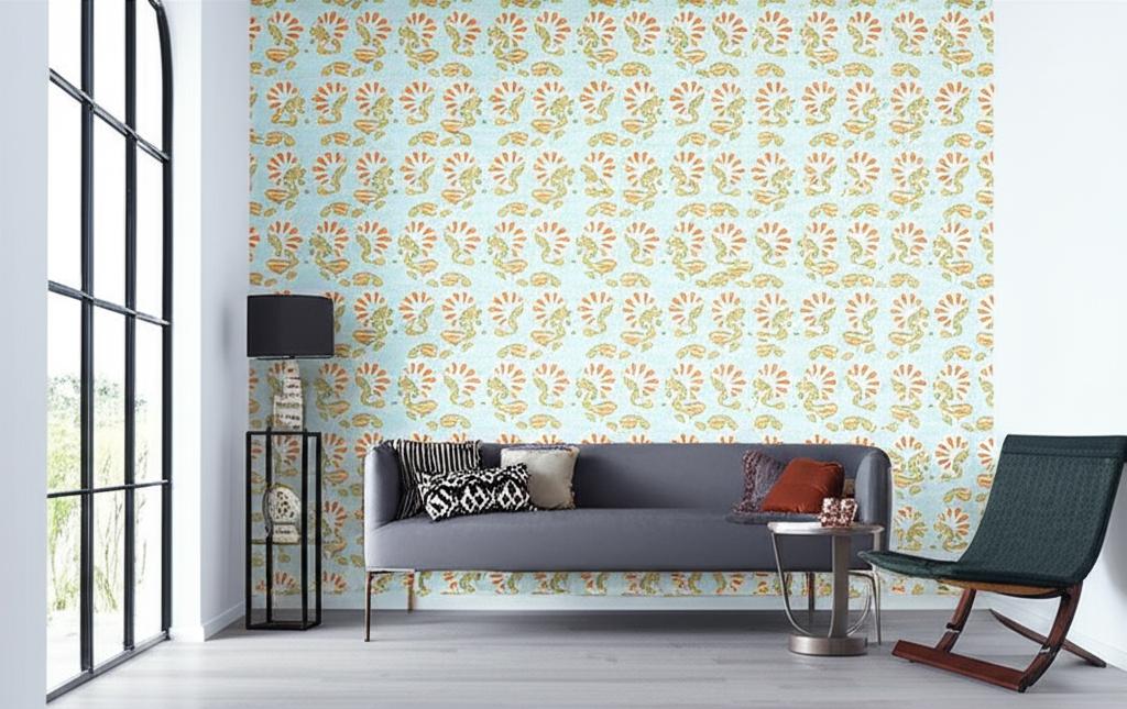 Rampura Water Blue by Schumacher Hand Screen Printed Wallpaper – Jaipur Collection 5005342