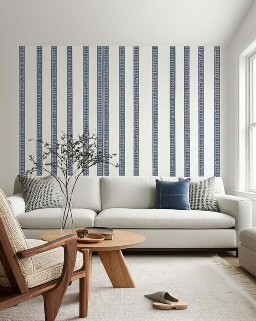 Greek Key Stripe Navy by Schumacher Jaipur Collection Hand Screen Printed Wallpaper – Schumacher 5005361