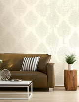 Beaded Damask Alabaster by Schumacher Modern Glamour Handcrafted Wallcovering – Schumacher 5005660