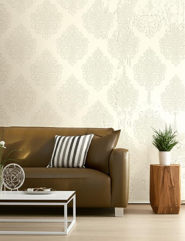 Beaded Damask Alabaster by Schumacher Modern Glamour Handcrafted Wallcovering – Schumacher 5005660