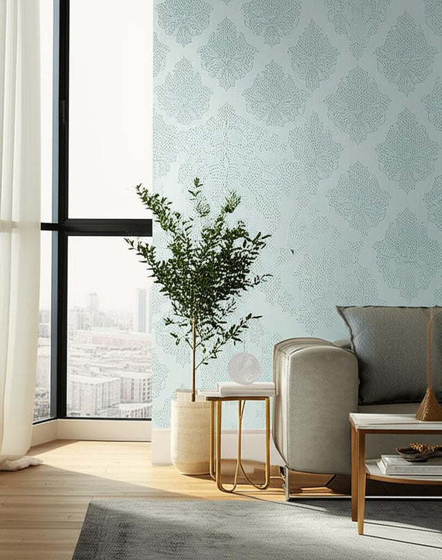 Beaded Damask Sky by Schumacher Handcrafted Damask Wallpaper – Modern Glamour Collection 5005661