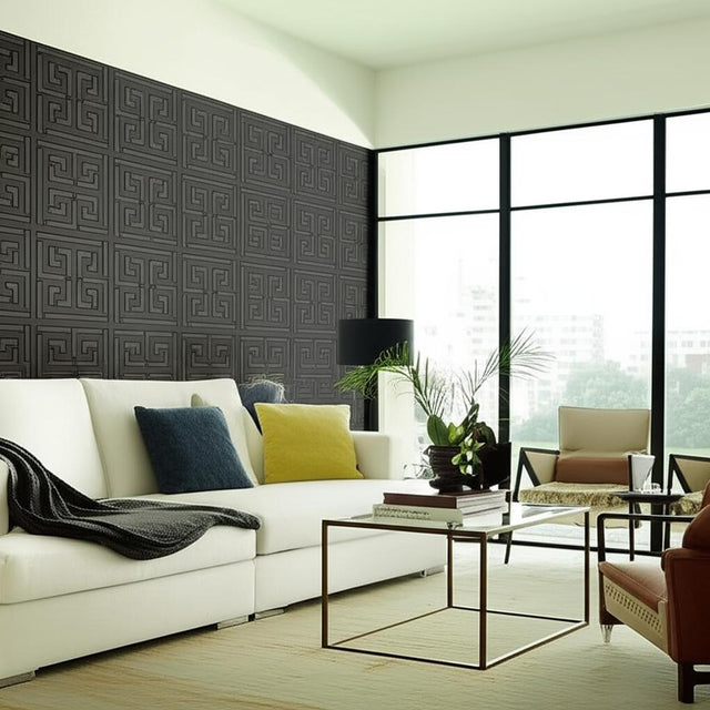Greek Key Sisal Jet by Schumacher Modern Glamour Handcrafted Wallpaper – 5005692