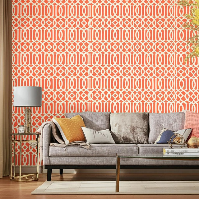 Imperial Trellis II Ivory and Mandarin by Kelly Wearstler Geometric Wallpaper – Schumacher 5005800