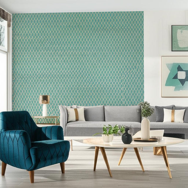 Valencia Turquoise Geometric Lattice Wallpaper by Schumacher – 5005911