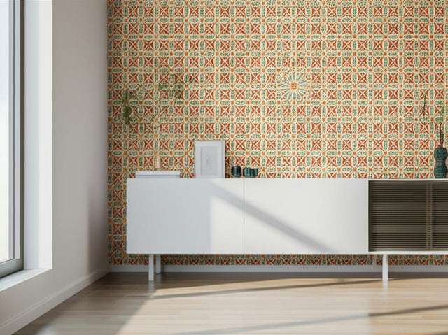 Nasrid Palace Mosaic Persimmon by Schumacher Byzantine Hand-Screened Geometric Wallpaper – Schumacher 5005962
