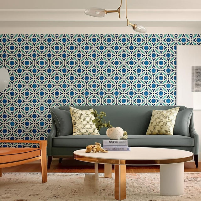 Serallo Mosaic Aegean Geometric Wallpaper Blue and Green by Schumacher – Byzantium Collection 5005970