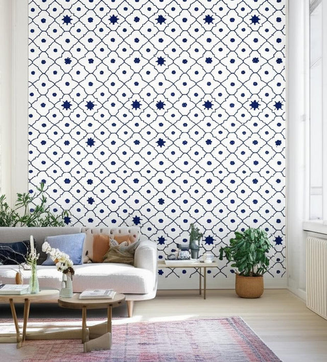 Taj Trellis Jaipur Blue by Schumacher Martyn Lawrence Bullard Geometric Wallpaper – Schumacher 5006620