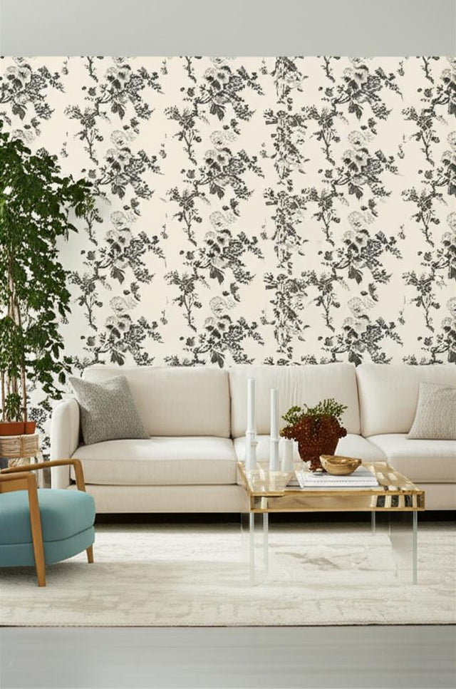 Pyne Hollyhock Charcoal by Schumacher Hand-Screened Floral Chintz Wallpaper – Schumacher 5006920