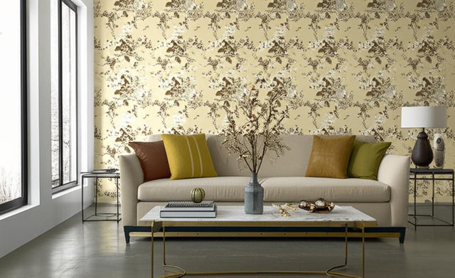Pyne Hollyhock Tobacco by Schumacher Classic Floral Chintz Wallpaper – Schumacher 5006921