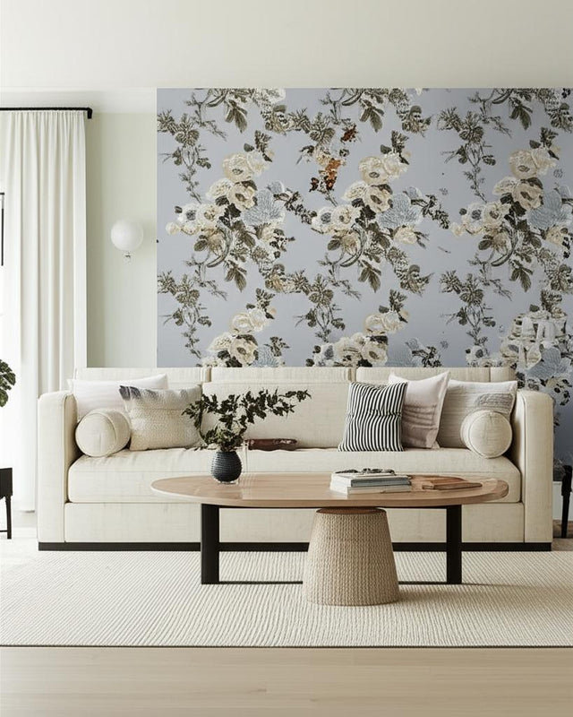 Pyne Hollyhock Grisaille by Schumacher Iconic Hand-Screened Floral Wallpaper – Schumacher 5006923
