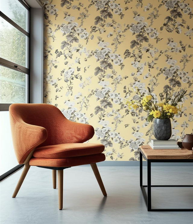 Pyne Hollyhock Buttercup by Schumacher Hand-Screened Floral Wallpaper – Schumacher 5006925