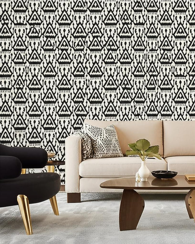 Vientiane Ikat Ebony by Schumacher Modern Black and White Ikat Wallpaper – Schumacher 5006951