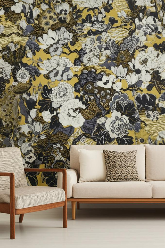 Shanghai Peacock Brass by Schumacher Exuberant Prints Collection Wallpaper – Schumacher 5006991
