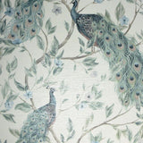 Keeka Blue Peacocks wallpaper by Arthouse featuring perched peacocks and floral branches