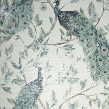 Keeka Blue Peacocks wallpaper by Arthouse featuring perched peacocks and floral branches
