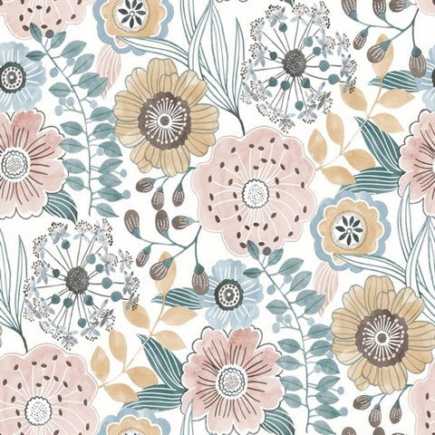 Artistic Bouquet Ochre & Ocean Floral Wallpaper – York Wallcoverings ZM2891