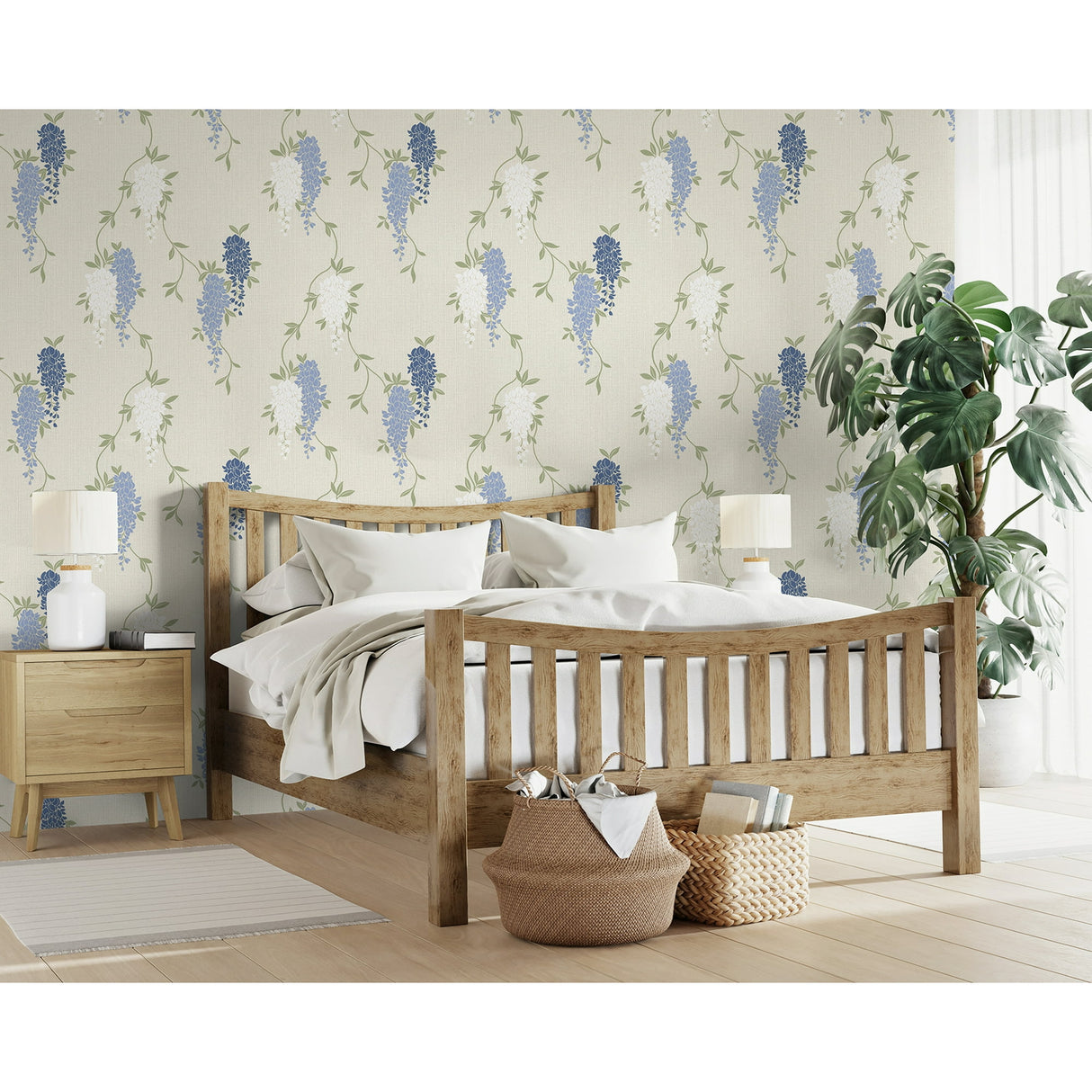Aisla Blue Wisteria by Fine Decor Expanded Vinyl Botanical Wallpaper 20.9-in x 33-ft – Brewster Home Fashions FD43674