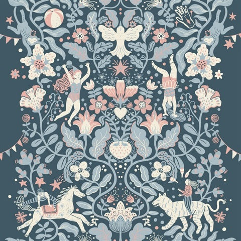 Cirkus Blue wallpaper MB29028 by York Wallcoverings with whimsical circus animals and florals