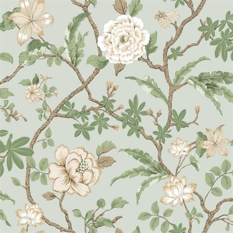 Ronald Redding Courtyard Botanical Pale Blue wallpaper with floral vines on a light blue background.