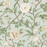 Ronald Redding Courtyard Botanical Pale Blue wallpaper with floral vines on a light blue background.
