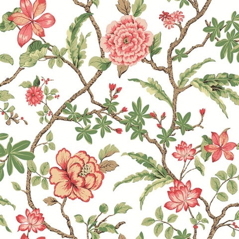 Courtyard Botanical Rose wallpaper with pink blossoms and green leaves on white – MX9651