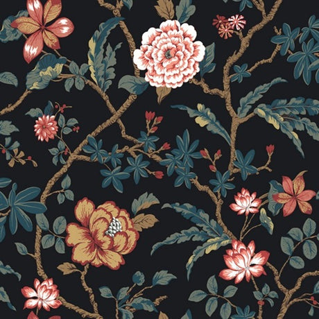 Courtyard Botanical Scarlet Wallpaper MX9656 by Ronald Redding, floral on ebony ground, 27 in x 27 ft roll