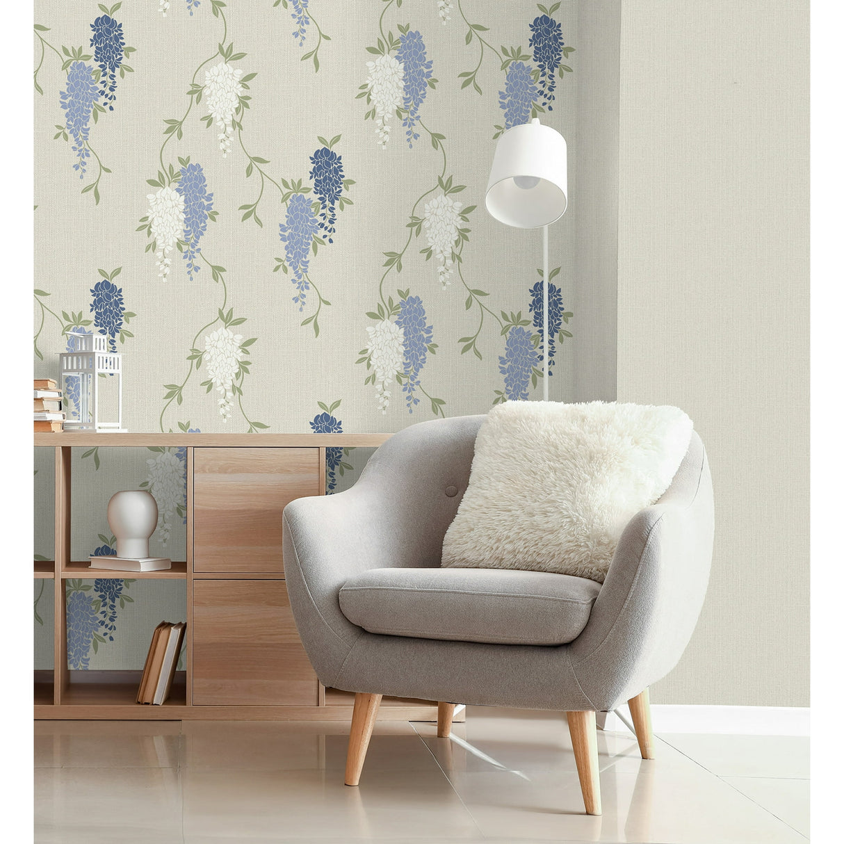 Aisla Blue Wisteria by Fine Decor Expanded Vinyl Botanical Wallpaper 20.9-in x 33-ft – Brewster Home Fashions FD43674