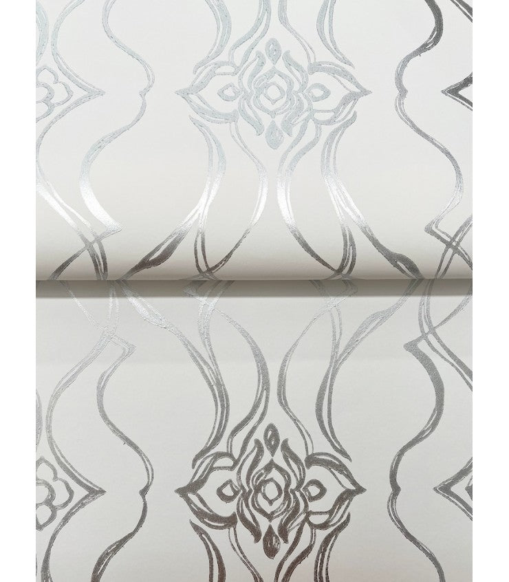 Pirouette White & Silver by Candice Olson Traditional Metallic Non Woven Damask Wallpaper – York Designer Series DF3373