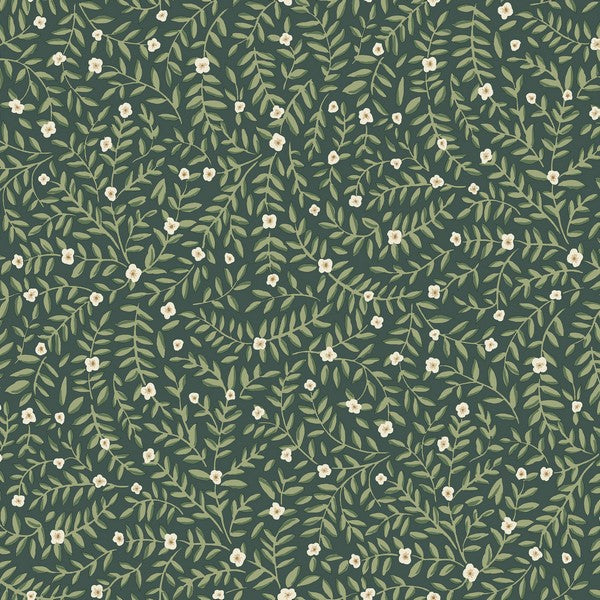 Elodie Evergreen petite floral peel and stick wallpaper by Rifle Paper Co., dark green with small blooms and vines