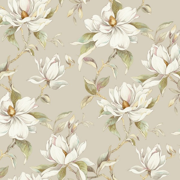 Candice Olson Garden Jewels Linen floral magnolia wallpaper in tan linen with green leaves, 27 in x 27 ft roll.
