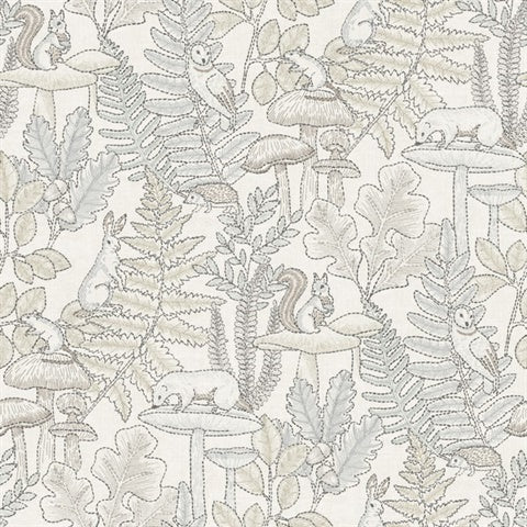 Holt Neutral Woodland wallpaper detail with embroidered-style forest animals and foliage