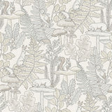 Holt Neutral Woodland wallpaper detail with embroidered-style forest animals and foliage