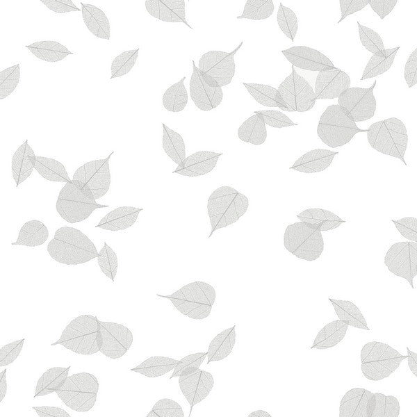 Inner Peace Salt Grey Peel & Stick Wallpaper by Aviva Stanoff for York Wallcoverings, PSW1562RL, floating leaf motif in grey.