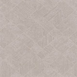 Antonina Vella Marquetry Grey Tile Wallpaper roll and room scenes in pearlescent grey geometric tile pattern.