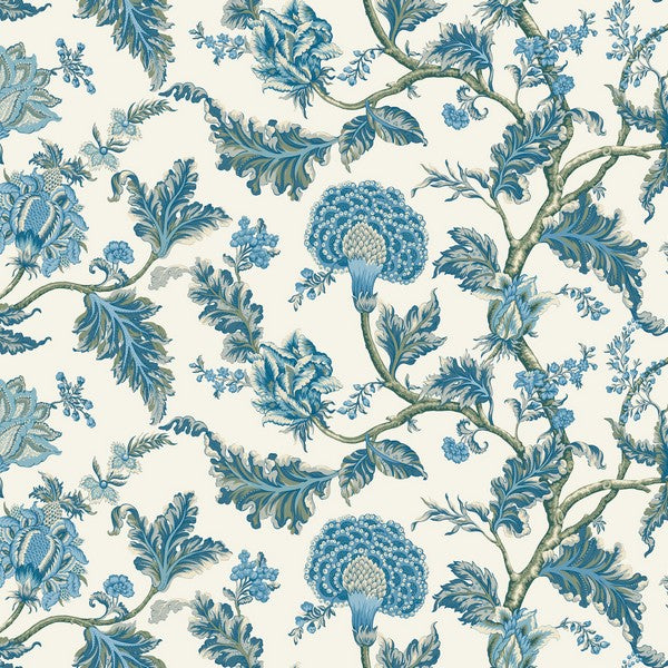 Ronald Redding Monroe wallpaper in blue with Jacobean floral branches.