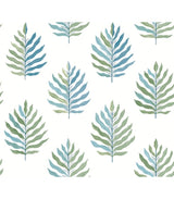 Miramar Lush palm leaf wallpaper by York Wallcoverings, blue and green leaves on white