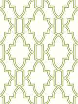 Green and white trellis tile peel and stick wallpaper with a satin finish.