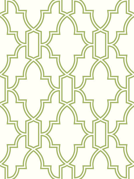 Green and white trellis tile peel and stick wallpaper with a satin finish.