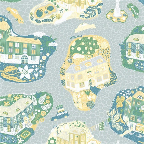 Staden Light Blue whimsical town and cars wallpaper by York Wallcoverings