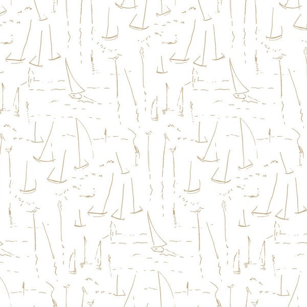 Vermillion Coast Gold wallpaper by York Wallcoverings, metallic gold sailboat line art on white, pattern ZM2845