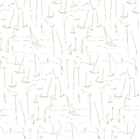 Vermillion Coast Gold wallpaper by York Wallcoverings, metallic gold sailboat line art on white, pattern ZM2845