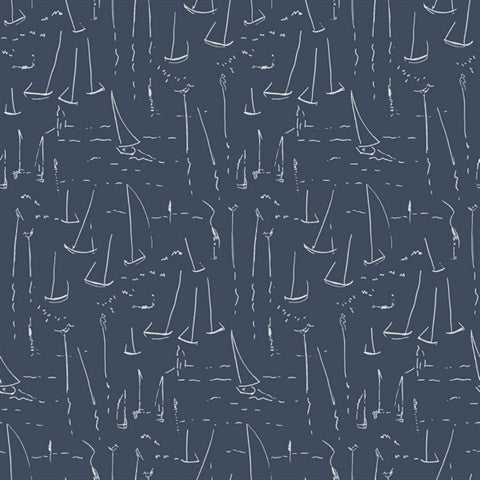 York Vermillion Coast Ultramarine wallpaper with white sailboat outlines on navy blue.
