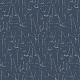 York Vermillion Coast Ultramarine wallpaper with white sailboat outlines on navy blue.